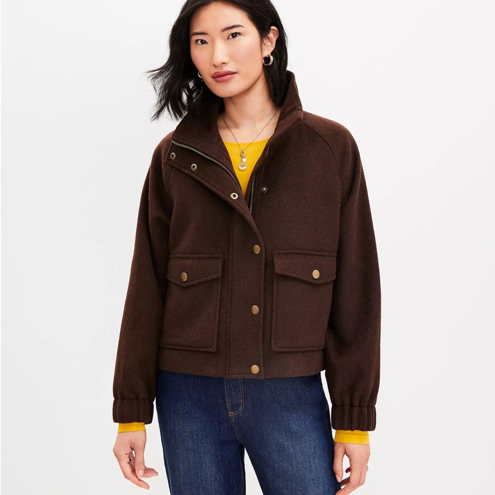LOFT Brown Utility Jacket with Textured Fabric and Pointed Collar